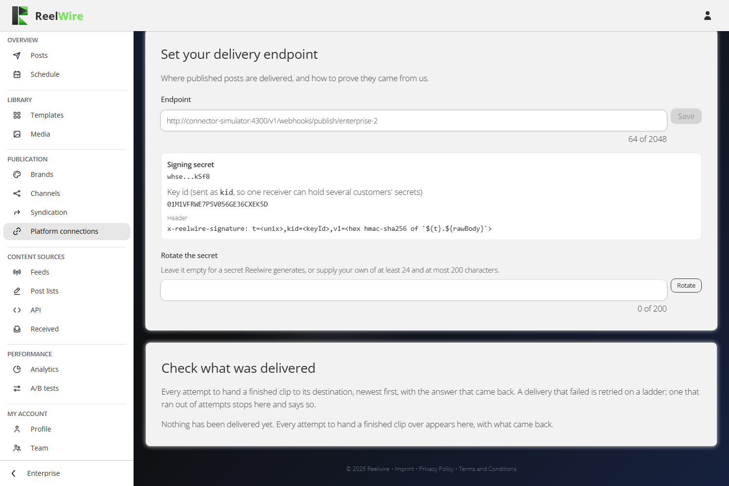 The signing secret above the delivery log