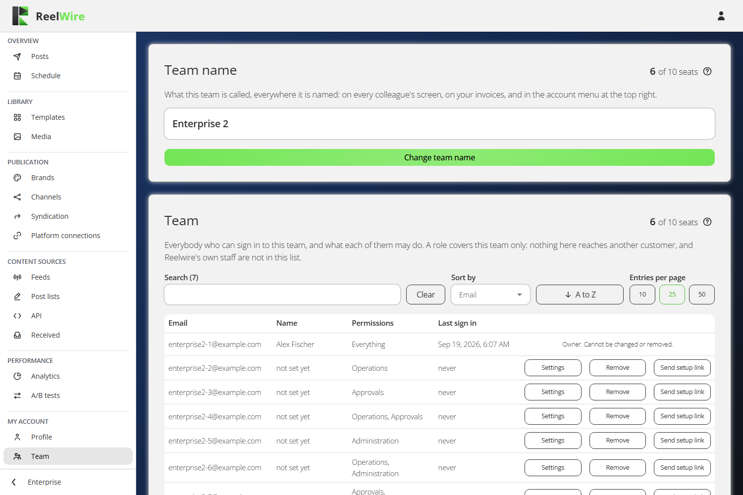 The Team screen